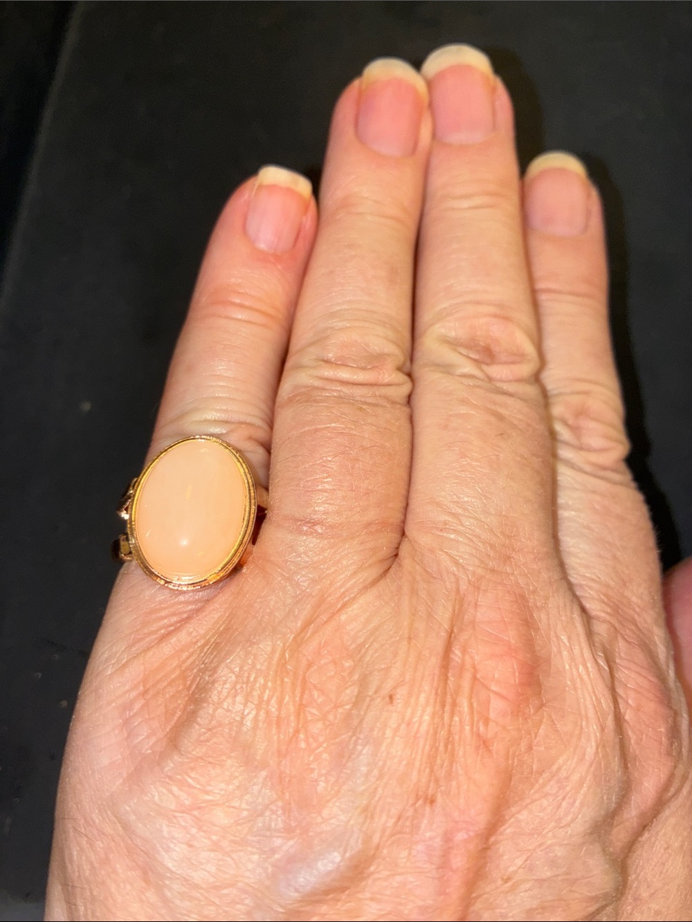 Gold-Tone Stretch Ring with Peach Cabochon Center